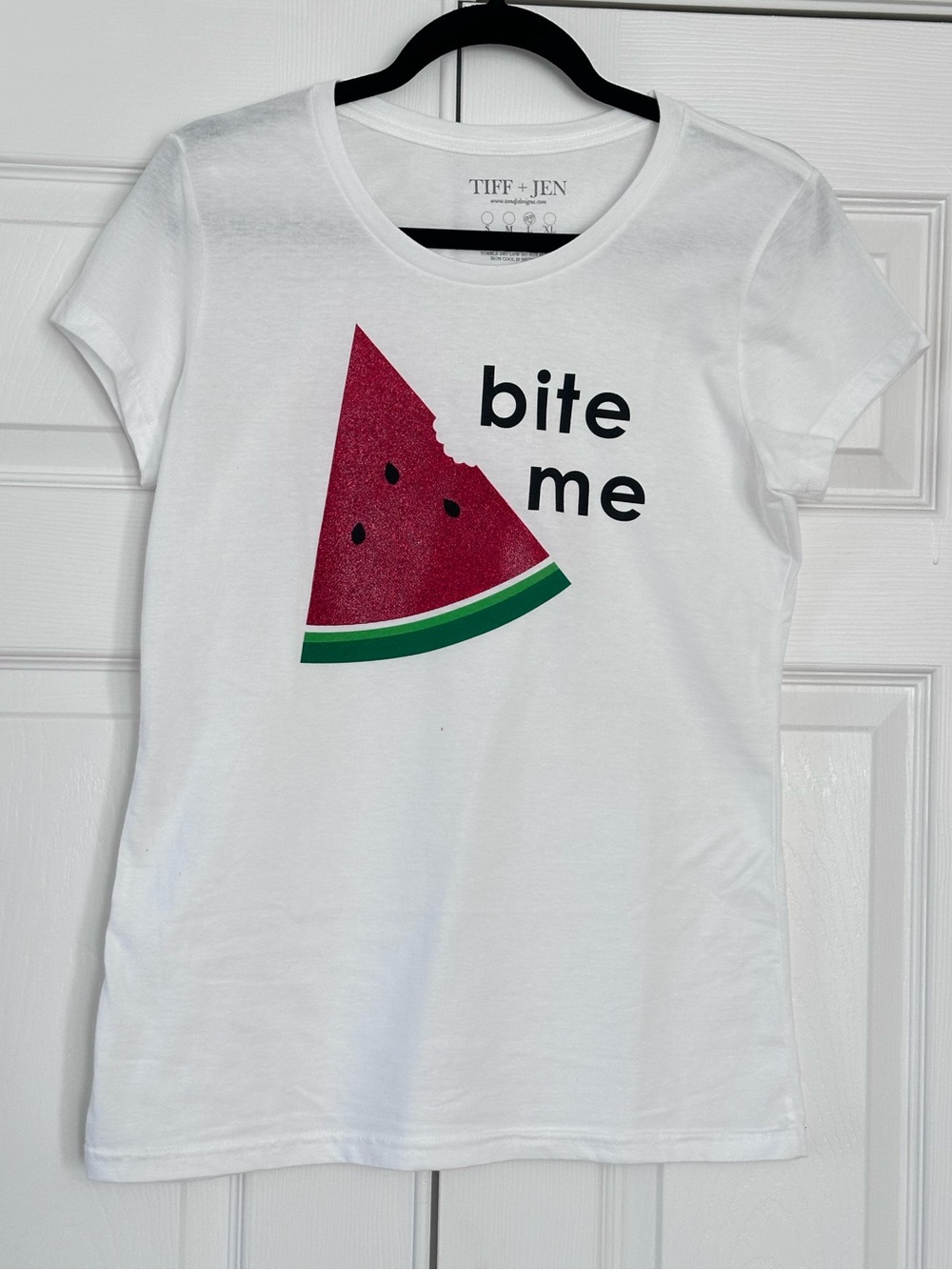 Tiff & Jen “Bite me” Watermelon Graphic Tee - White, Size Large